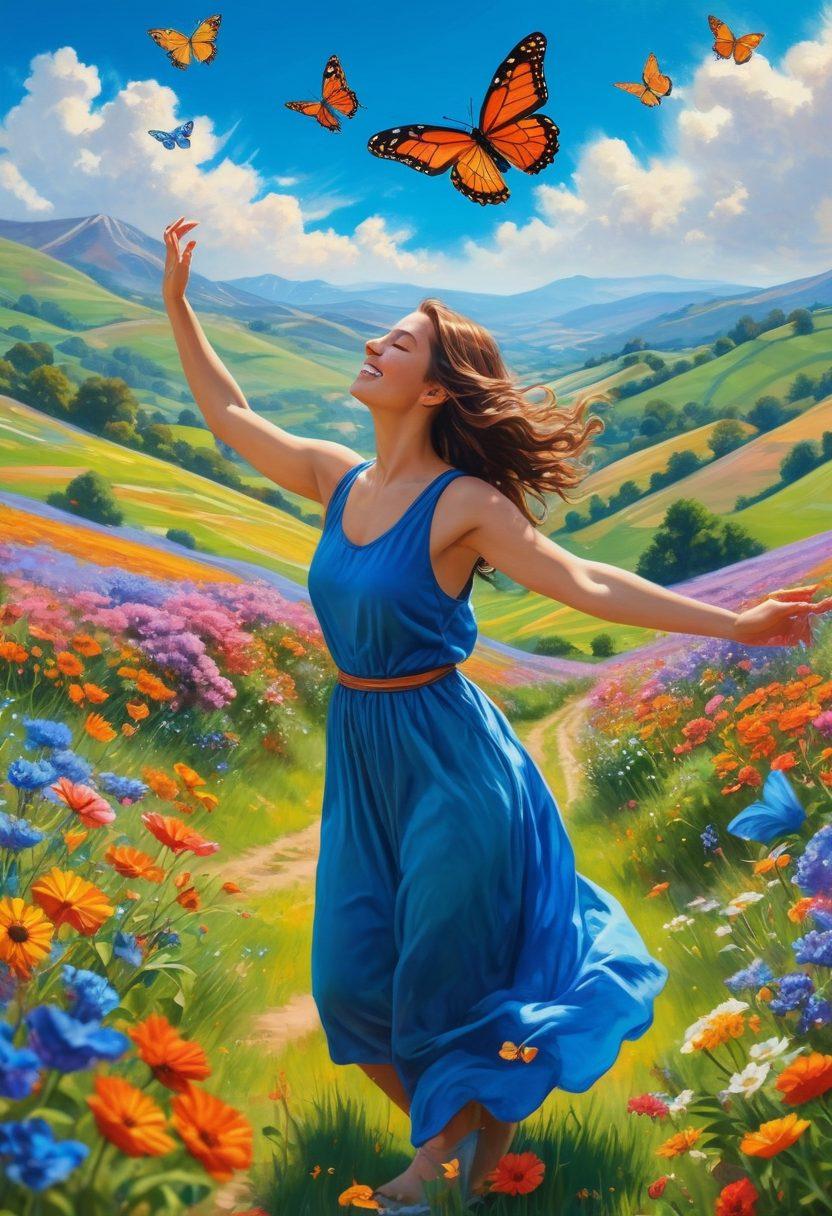 A vibrant scene of a person joyfully embracing life, surrounded by colorful blooming flowers, radiant sunshine, and playful butterflies. She radiates positivity and confidence, immersed in activities like dancing, painting, and laughing with friends. The background features a serene landscape with rolling hills and a clear blue sky. A variety of joyful moments captured in a collage-like manner, symbolizing bliss and fulfillment. super-realistic. vibrant colors. 3D.