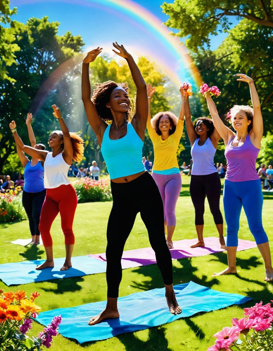 A vibrant and uplifting scene illustrating a diverse group of joyful people engaged in various activities like dancing, laughing, and practicing yoga in a sunlit park. Include colorful flowers, a rainbow in the background, and sunshine streaming down, symbolizing a shift from contentment to ecstatic joy. The overall mood should be energetic and inspiring. super-realistic. vibrant colors. sunlit background.
