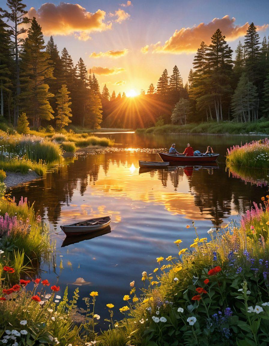 A serene landscape featuring a joyful sun rising over a tranquil lake, surrounded by vibrant wildflowers. In the foreground, a diverse group of people of various ages joyfully sharing tips and laughter, symbolizing happiness and connection. Throughout the scene, subtle icons representing tips for happiness (like heart shapes, light bulbs, and smiles) float gently in the air. The overall atmosphere should radiate warmth and positivity, capturing the essence of a blissful life. super-realistic. vibrant colors. 3D.
